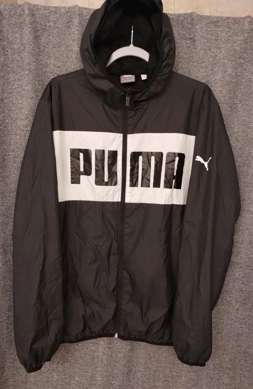 Puma Windbreaker Jacket Black Unisex Sz M Packable Hood